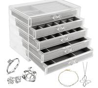 ZEONHEI 1 x Clear Acrylic Jewellery Box, 5 Drawers, Transparent, Adjustable Velvet Jewellery Storage Organiser for Earrings, Rings, Necklaces, Bracelets, Jewellery Display, 23.7 x 17.5 x 15 cm