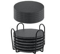ZEONHEI 12 Pieces 4 Inch Black Slate Coasters with Holder, Round Slate Coasters with Anti-Scratch Pads, Black Stone Coasters Slate Drink Coasters Bulk for Home Bar, Kitchen, Table, Cup