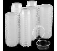 ZEONHEI 200 PCS 2oz Clear Sauce Pots with Lids, Plastic Round Hinged Takeaway Sauce Pots for Ketchup Dips Crafts Restaurants Packaging
