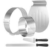 ZEONHEI Set of 5 Adjustable Cake Cutter Leveller Kit 15-20cm / 25-30cm, Stainless Steel Layer Cake Ring Slicer Set with Serrated Knife, Cake Lifter and Cake Server, 7 Layer Cake Making Supply Slicer