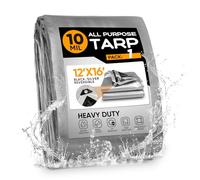 Zeonly 10Mil Tarpaulin,3.65x4.87 m/12x16 ft Large Tarpaulin with Grommets and Reinforced Edges,150g/m² Heavy Duty Waterproof Tarp for Firewood Roof Pool Boat,Finished Size,Black/Silver,1 PACK