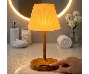 ZEONX Rechargeable LED Shower Table Lamp Waterproof with Battery Indicator, Touch Control with 3 Colour & Stepless Dimming, USB Reverse Charging, Portable Night Light for Outdoor & Home - Wood Grain