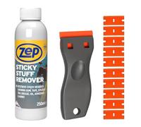 Zep Sticky Stuff Remover 250ml and Scraper Tool Bundle with 10 Plastic blades - Adhesive & Sticker Remover