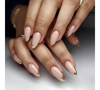 ZEPFJHE 24 Pcs Almond Shape False Nails Gold French Tip Artificial Nails Full Covers Stick on Nails Reusable Press On Nails