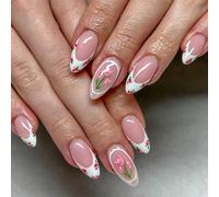 ZEPFJHE 24 Pcs Elegant Flowers False Nails French Tip Artificial Nails Full Covers Stick on Nails Almond Shape Press On Nails