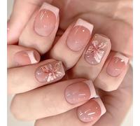 ZEPFJHE 24 Pcs Flowers False Nails French Tip Artificial Nails Full Covers Stick on Nails Short Square Press On Nails