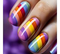 ZEPFJHE 24 Pcs Mediums Square False Nails Stripes Press On Nails Rainbow Acrylic Nails Glossy Full Covers Stick on Nails