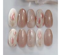 ZEPFJHE Almond Press on Nails French Tip Fake Nails Full Covers False Nails with Flower Design Glitters Artificial Acrylic Nails