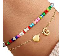 ZEPFJHE Double Layer Heart Charm With Colorful Beads Initial Letter Copper Jewelry Bangle For Women Teenage Girls Unique Wristband For Women