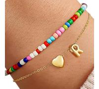 ZEPFJHE Double Layer Heart Charm With Colorful Beads Initial Letter Copper Jewelry Bangle For Women Teenage Girls Unique Wristband For Women