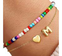 ZEPFJHE Double Layer Heart Charm With Colorful Beads Initial Letter Copper Jewelry Bangle For Women Teenage Girls Unique Wristband For Women