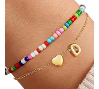 ZEPFJHE Double Layer Heart Charm With Colorful Beads Initial Letter Copper Jewelry Bangle For Women Teenage Girls Unique Wristband For Women