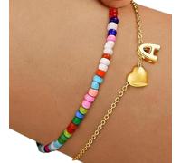 ZEPFJHE Double Layer Heart Charm With Colorful Beads Initial Letter Copper Jewelry Bangle For Women Teenage Girls Unique Wristband For Women