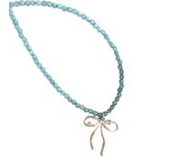 ZEPFJHE Fashion Forward Crystal Beaded Necklace Length Chain Sparkling Bowknot Design Clavicle Chain Party Jewelry Piece Fashionable Evening Wear Necklace