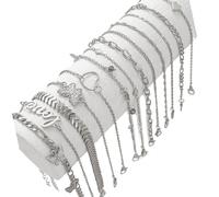 ZEPFJHE Fashionable Crystals Foot Chains Set 13Pcs Butterfly Heart Anklets Silver Tone Jewelry For Beach Parties Women's Fashion Alloy Foot Chains