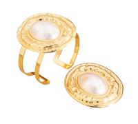 ZEPFJHE Fashionable Oval And Rings Set Sophisticated Adjustable Open Cuff Bangle Accessory Elegant Hand Ornament Gold Plated Jewelry