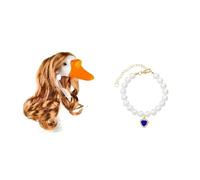 ZEPFJHE Geese Dog Necklace Celebration Headpiece Long Curly Hairstyle Themed Outfit Synthetic Hair Elegant Pearls Geese Party Wigs With Pearls Necklace