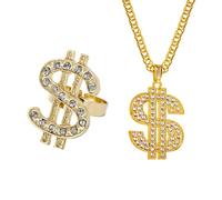 ZEPFJHE Hip Hop Costume Kits 80s/90s Outfits Cool Rapper Accessories Dollar Sign Rings Gold Plated Chain Necklace For Women Men Hip Hop Costume Kit