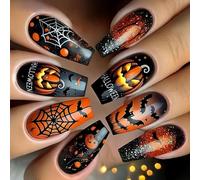 ZEPFJHE Length Square Press On Nails Halloween Theme With Cobweb Patterns Sturdy ABS For Costume Parties