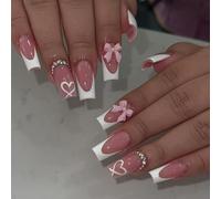 ZEPFJHE Press on Nails Long Square 3D Bows Acrylic French White French Fake Nails with Heart Pattern Full for Girls