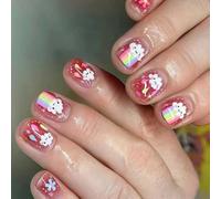 ZEPFJHE Short Square Press on Nails French Tips Fake Nails Full Covers False Nails with Flower Designs Artificial Acrylic Nails