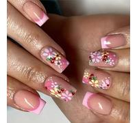 ZEPFJHE Short Square Press on Nails French Tips Fake Nails Full Covers False Nails with Flower Designs Artificial Acrylic Nails