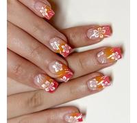 ZEPFJHE Short Square Press on Nails French Tips Fake Nails Full Covers False Nails with Flower Designs Artificial Acrylic Nails