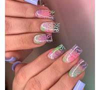 ZEPFJHE Short Square Press on Nails French Tips Fake Nails Full Covers False Nails with Flower Designs Artificial Acrylic Nails