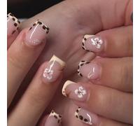 ZEPFJHE Short Square Press on Nails French Tips Fake Nails Full Covers False Nails with Flower Designs Artificial Acrylic Nails