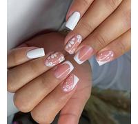 ZEPFJHE Short Square Press on Nails French Tips Fake Nails Full Covers False Nails with Flower Designs Artificial Acrylic Nails