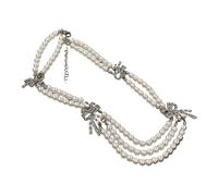 ZEPFJHE Sophisticated Multi Strands Faux Pearls Necklace With Bowknot Embellishment Adjustable Length Neckchain Accessory Multi Layer Pearls Necklace