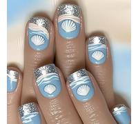 ZEPFJHE Square Press on Nails French Tip Fake Nails Full Covers False Nails with Sea Shells Design Glitters Artificial Acrylic N