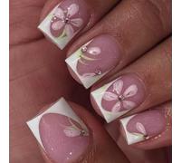ZEPFJHE Square Press on Nails French Tips Fake Nails Full Covers False Nails with Flower Design Glitters Artificial Acrylic Nail