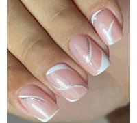 ZEPFJHE Square Press on Nails Glitters Fake Nails Stick on Nails in 12 Sizes,24Pcs French Nails Tips for DIYS Nails Art Decors