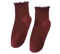 ZEPFJHE Womens Socks,Ruffle Turn-Cuffs Short Socks Casual Ankle Socks Breathable Cotton Bootie Socks Sweet Frilly Socks, Wine Red, 1-2