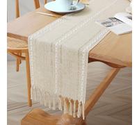 ZephyrCraft Table Runner Handmade with Tassels, Farmhouse and Rustic Boho Style, Handwoven Linen in Cream Ivory for Dining Table, Kitchen, Weddings Decoration, 183x33 cm