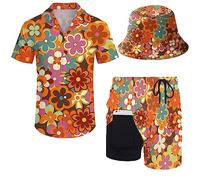 ZePinger Mens 80s 90s Shirt & Shorts Set with Bob Hat, 70s hippie floral pattern, L