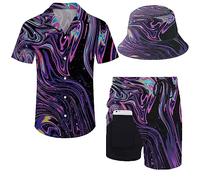 ZePinger Mens 80s 90s Shirt & Shorts Set with Bob Hat, Black Psychedelic Trippy, L