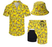 ZePinger Mens 80s 90s Shirt & Shorts Set with Bob Hat, Duck Yellow, M
