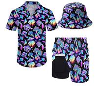 ZePinger Mens 80s 90s Shirt & Shorts Set with Bob Hat, Magic Mushrooms Psychedelic Colorful, L