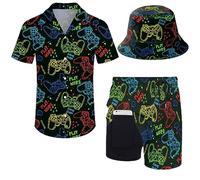 ZePinger Mens 80s 90s Shirt & Shorts Set with Bob Hat, neon game, XXL