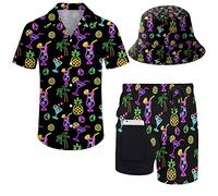 ZePinger Men's 80s Shirt and Shorts Set 80s 90s outfit 90s Shirt Suits with Bucket Hats, Neon Beer, XX-L