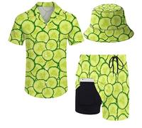 ZePinger Men's 80s Shirt and Shorts Set 80s 90s outfit 90s Shirt Suits with Bucket Hats, Pickle, XX-L