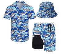 ZePinger Men's 80s Shirt and Shorts Set 80s 90s outfit 90s Shirt Suits with Bucket Hats, Sharks Tie Dye Blue, Medium