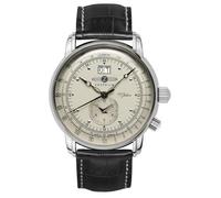 Zeppelin 100 Years Men's Watch 7640-5 - Made in Germany - Silver Stainless Steel - Champagne Colour - Big Date - Second Time Zone - Black Leather Strap - 42mm