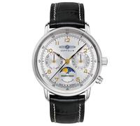 Zeppelin 9637-1 Méditerranée Women's Quartz Watch 36 mm | Moon phase, date, day of the week, silver dial, black leather strap, 5 ATM, made in Germany