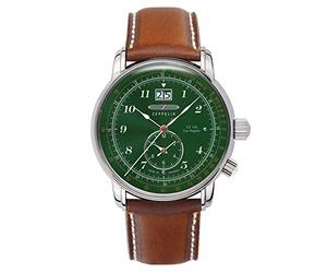 Zeppelin LZ126 Los Angeles Big Date GMT 8644 Men's Leather Strap Watch, Green Dial, Classic