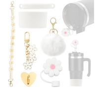 Zequech Drinking Mug, Handmade Decoration, Plush Love Heart Flower Charm Combo, Dustproof Silicone Knitted Handle Strap, 30 cm, Birthday, Christmas Gift - White