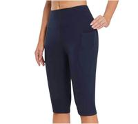 ZERAOKE Capris Athletic Pants for Women with Pockets,Female High Waist Yoga Leggings for Gym Running Training Pilates-Navy Blue-L