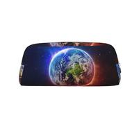 ZERAOKE Leather Pencil Case Organizer, Premium PVC Cosmetic Bag 8x5.5x20.5cm, Space Planet Earth Pencil Pouch with Anti-Scratch Padding, Waterproof Makeup Travel Pouch for School, Office, Travel